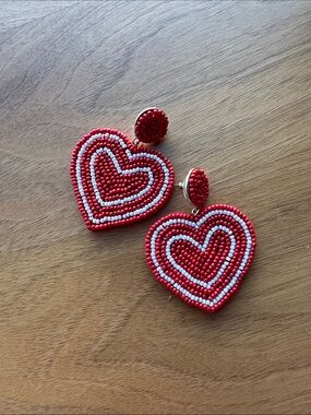 Red Beaded Heart Drop Earrings, JCrew - Women Jewelry